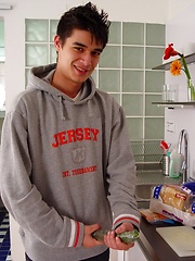 Beautiful euro boy have fun at breakfast